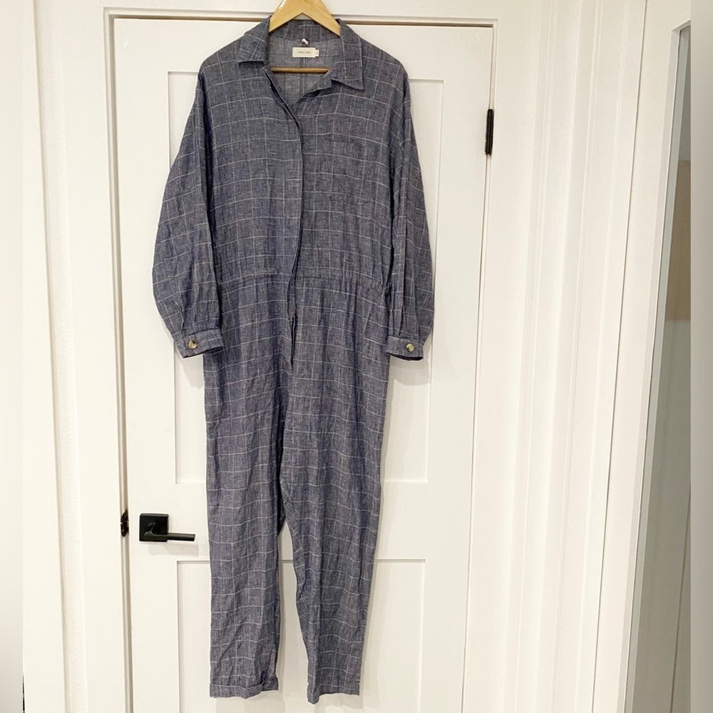 Nico Nico Blue Denim Chambray Windowpane Plaid Button Down Long Sleeve Jumpsuit